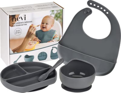 Nevi 4 delig Siliconen Kinderservies met Zuignap - Baby Servies met Bord, Kom, Slab en Lepel - BPA vrij - Grijs