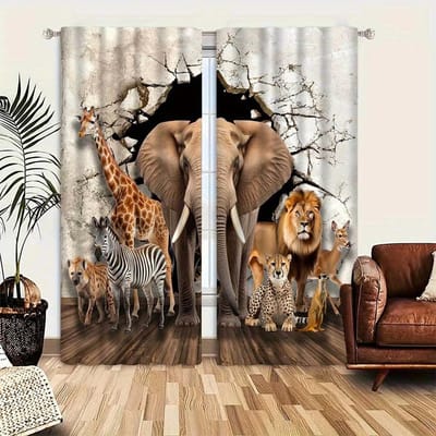 2 stuks Cartoon Dier Vos Leeuw Giraffe Jungle Print Gordijn Voor Slaapkamer Kantoor Keuken Jaloezieën Woonkamer Vloervenster Huisdecoratie 100W130H(CM)40x51in&rod pocket