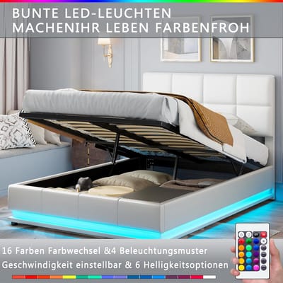 Gestoffeerd bed 140x200 met LED-verlichting en opbergruimte, modern tweepersoonsbed met lattenbodem