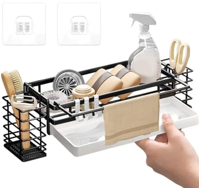 Hangende Gootsteenorganizer zonder Boren - Keuken Organizer met Handdoekhouder en Afvoermogelijkheden - Zwart