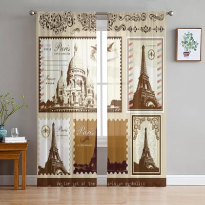 Parijs Kalligrafisch Design Element Chiffon Transparante Gordijnen voor Woonkamer Slaapkamer Decoratie Raam Voiles Tule Gordijn 135W x 114H(cm) white