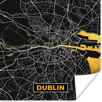 Poster Goud - Plattegrond - Dublin - Stadskaart - Kaart - 100x100 cm XXL