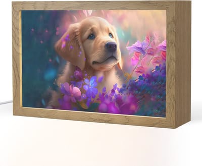 Nachtlampje 30x20 cm - Kinder lampje - Hond - Puppy - Zon - Bloemen - Golden retriever - Tafellamp kinderkamer - Slaapkamer lamp - Bedlamp kinderen - Kinderlampje stopcontact - Wandlamp babykamer - Nachtlampjes