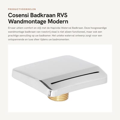 Dailygoods- Badkuipkraan Waterfall - Wandmontage - Roestvrij Staal - G1/2 Draad - 7.5x6.5cm - 91g - Badkamer Accessoire - Badkamerkraan