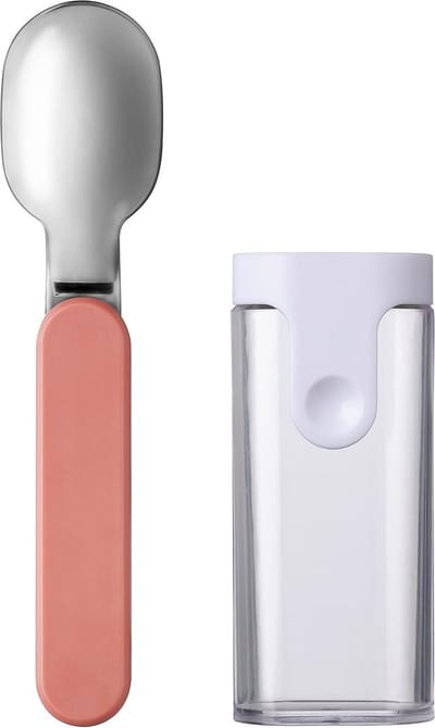 Ellips lepel - herbruikbare lepel om mee te nemen - lepel voor yoghurtbeker - reisbestek - inclusief opbergkoffer - roestvrij staal - Levendig mauve