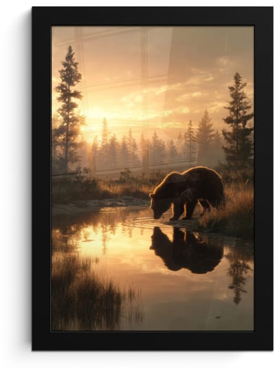 Poster in lijst - Fotolijst 20x30 cm - Posters - Beer - water - Bos - Ochtendlicht - Posterlijst zwart - Decoratie - Wanddecoratie woonkamer - Muurdecoratie slaapkamer