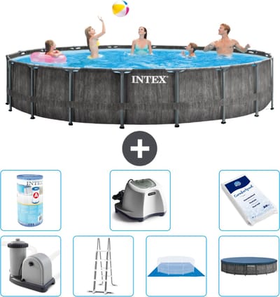 Intex Rond Prism Frame Greywood Zwembad - 549 x 122 cm - Inclusief Pomp - Ladder - Grondzeil - Afdekzeil Filter - Zoutwatersysteem - Zwembadzout