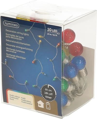 Lumineo Feestverlichting- gekleurde bolletjes - 190 cm - 20 lampjes - op batterij - kerstdecoratie/versiering