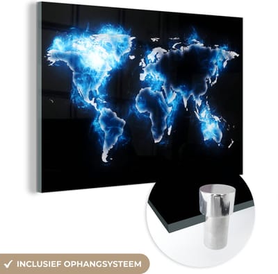 ® Glasschilderij 180x120 cm - Schilderij acrylglas - Wereldkaart - Blauw - Zwart - Foto op glas - Muurdecoratie woonkamer - Wanddecoratie slaapkamer - Schilderijen