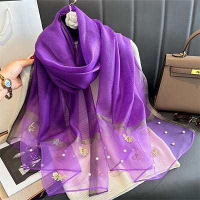 Bloemenborduurwerk Zijde Wol Sjaal Luxe Dames Hijab Vrouwelijke Foulard Pashmina Lange Strand Stola Sjaal Wikkel Sjaals Bandana 70X200CM purple
