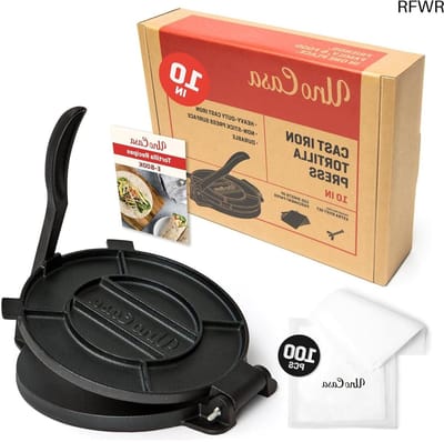 RFWR® Gietijzeren Tortilla Pers 25 cm - Roti Pers en Tortillamaker voor Mexicaanse Gerechten met 100 Stuks Perkamentpapier