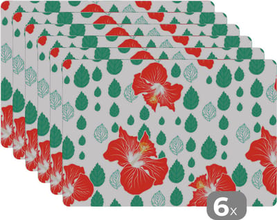 Placemat - Placemats kunststof - Hibiscus - Patronen - Hawaii - Bladeren - Bloem - 45x30 cm - 6 stuks - Hittebestendig - Anti-Slip - Onderlegger - Afneembaar