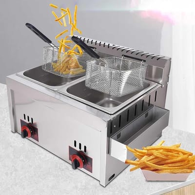 Dubbele Gasfriteuse - Friteuse met manden - Thuis Frituren - Roestvrij staal - Grote capaciteit - Zilver