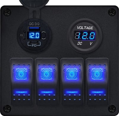 ProRide Schakelpaneel 12V voor Auto/Boot - USB C Lader 3 poorten met Voltmeter - QC3.0 - 4 Schakelaars