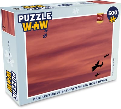 Puzzel Drie spitfire vliegtuigen bij een rode hemel - Legpuzzel - Puzzel 500 stukjes