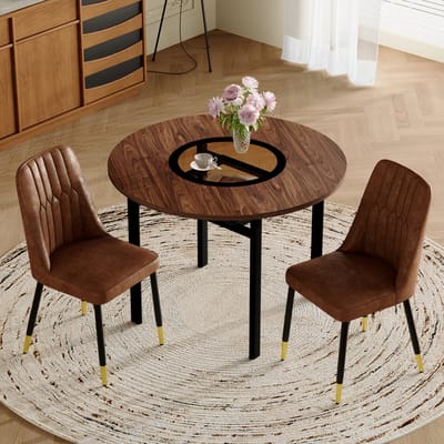 MODENUIT Eettafelset 100 cm - Ronde Tafel Met Glasinzet En 2 Stoelen - Voor Eetkamer En Keuken - MDF Bruin/Zwart