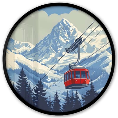 Poster in lijst Rond - Fotolijst 40x40 cm - Posters - Kabelbaan - Sneeuw - Berglandschap - Ronde posterlijst zwart - Decoratie - Wanddecoratie woonkamer - Muurdecoratie slaapkamer