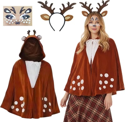 Volwassen rendierkostuum voor dames met poncho en capuchon, inclusief hertengeweien haarband en glinsterende gezichtstatoeage voor carnaval en kerstfeest