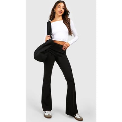 boohoo Dames Yoga Flares met opgevouwen tailleband in katoenen jersey | Black | Maat: 10