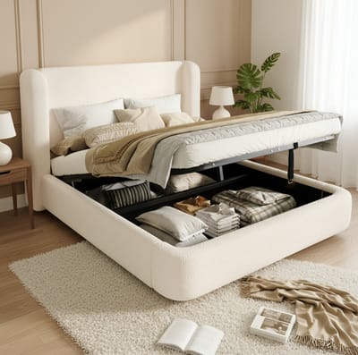 MEUNIQ gestoffeerd tweepersoonsbed 160 x 200 met lattenbodem, opklapbare opbergruimte en hoofdbord, bouclé stof, beige, slaapkamer bedframe 219 x 189 x 100 cm