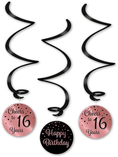 Q2P - 16 Jaar Versiering - Slingers - Verjaardag Versiering - Decoratie - Rose Goud & Zwart - Sweet sixteen - 3 Stuks