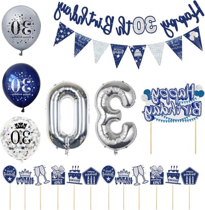 30e verjaardag decoratieset lettervlag driehoekige vlag latex en folieballonnen glitter inzetstukken geschikt voor feestdecoratie cadeau (blauw) - 1 set