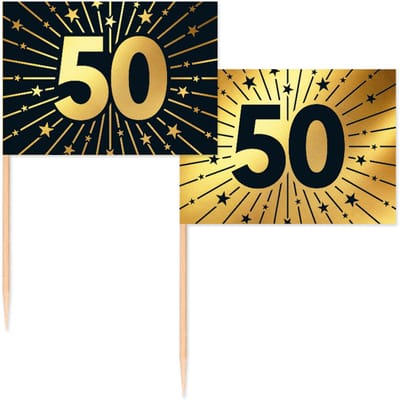 50 Vlagprikkers goud / zwart 50 jaar - Golden Celebrations - Hapjes Cocktailprikkers Tapas Prikkers Feestje