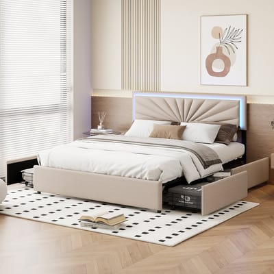 Opbergbed 140x200 cm beige fluweel met hydraulische opbergruimte, LED-verlichting en USB-oplaadpunt, gestoffeerd tweepersoonsbed