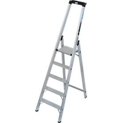 KRAUSE STABILO trapladder 5 treden, 225 kg, antislip aluminium platform, 80 mm D-steps, veiligheidsbeugel, gereedschapsbakje