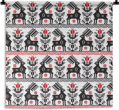Wandkleed - Wanddoek - Hert - Patroon - Zwart - Rood - 90x90 cm - Wandtapijt