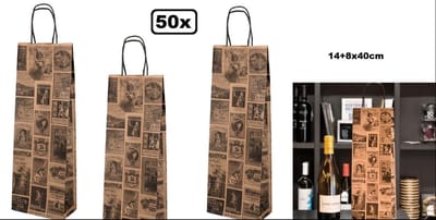 50x BIO Nature Kraft Wijntas 14+8x40cm voor 1 Fles Retro - Wijn kerst kado feest fles drank