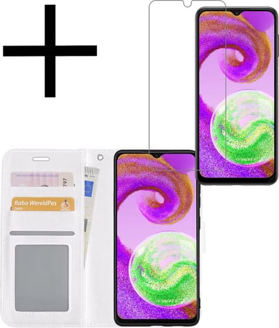 Hoesje - Met Screenprotector - Geschikt voor Samsung Galaxy A04s - Luxe Pasjeshouder - Bookcase Portemonee - Flip Case - Kunstleer Book Case - Flipcase - Book Cover - Walletcase - Portemonneehoes - Wit