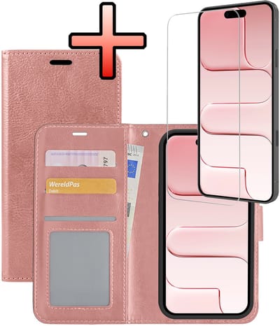 Hoesje - Met Screenprotector - Geschikt voor Apple iPhone Air - Luxe Pasjeshouder - Bookcase Portemonee - Flip Case - Kunstleer Book Case - Flipcase - Book Cover - Walletcase - Portemonneehoes - Rosé goud
