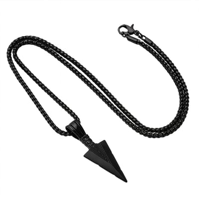 Heren ketting met zwarte pijlpunt hanger – volledig zwart – gevlochten ketting met stoer design – metaal look