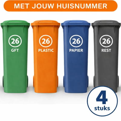 Container Stickers - Voordeelset 4 stuks - 15x20 cm - Container / kliko sticker huisnummer - afvalcontainer sticker - klikosticker - Rondje met huisnummer en tekst: Plastic, Papier, GFT en Restafval