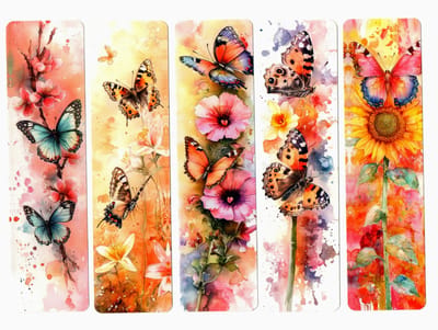 Viwado® - Set van 5 Boekenleggers - Artistieke Waterverf Vlinders & Bloemen - Decoratieve Leesaccessoires voor Natuurliefhebbers