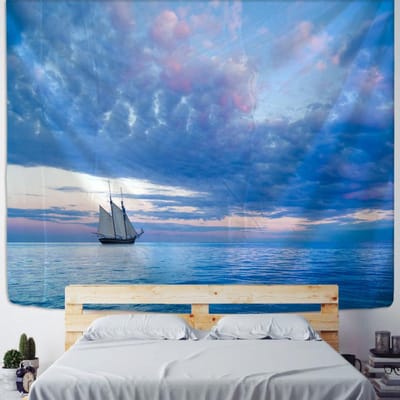 Tapisserie murale suspendue de ciel et de mer, dessin animé de nuages ​​bleus, psychédélique pour la maison, paysage de bateau, tissu mural 95x70CM gray