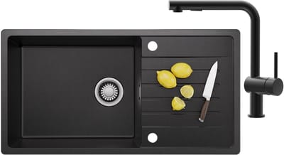 CECIPA MAX Spoelbak Met Kraangat - Granieten Keuken 86x45CM - Spoelbak Keuken Met Keukenkraan - Met Afdruiprek en Waterafvoersysteem - 80% Kwarts Zand Spoelbak Keuken - Zwart