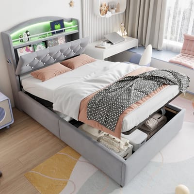MEUNIQ kinderbed 90x200 cm met opbergruimte, LED en USB, gestoffeerd eenpersoonsbed met hoofdbordvak en metalen lattenbodem, grijs