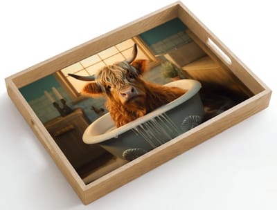 Dienblad hout 50x35 cm - Schootdienblad - Schotse hooglander - Bad - Badkamer - Borrelplank rechthoek - Plateau dienbladen