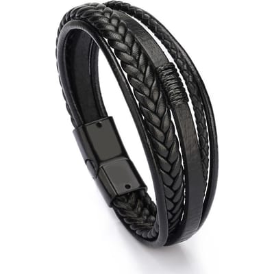 Heren Echte Leren Armbanden Meerlaagse Gevlochten Touw Armbanden voor Man Zirkonia Armband Homme zwart