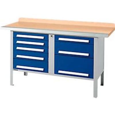 Box-type werkbank Schäfer Shop Select PWi 150-8, beuken multiplex blad, met stalen rand, tot 750 kg, B 1500 x D 700 x H 840 mm, gentiaanblauw
