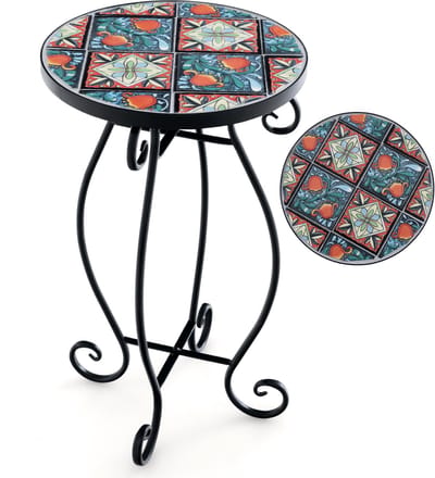 COSTWAY Bijzettafel, mozaïektafel, rond, mozaïek, tuintafel, bistrotafel, diameter 30 x 50 cm, balkontafel van metaal en keramiek, bloemenkruk voor balkon, terras en tuin (zwart + grijs)