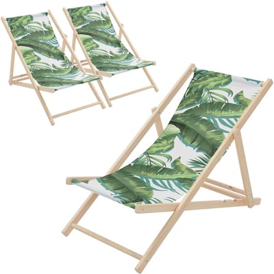 Set van 3 houten tuinligstoelen in tropisch groen en wit opvouwbare strandstoel Strandstoel Ligstoel Relaxligstoel