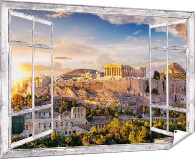 Gards Tuinposter Doorkijk Akropolis van Athene, Griekenland - Architectuur - 180x120 cm - Tuindoek - Tuindecoratie - Wanddecoratie buiten - Tuinschilderij