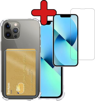 Hoesje - Geschikt voor Apple iPhone 14 Pro - Met Screenprotector - Pashouder - Kaarthouder - Back Cover - Telefoon Hoes Shockproof - Siliconen Case - Shock Proof - Pasjes Houder - Telefoonhoes - Transparant