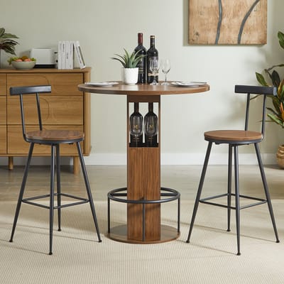 MODENUIT Bartafelset - Ronde Tafel Met 2 Krukken En Opbergvak - Voor Keuken En Woonkamer - Walnootkleur - 80 cm