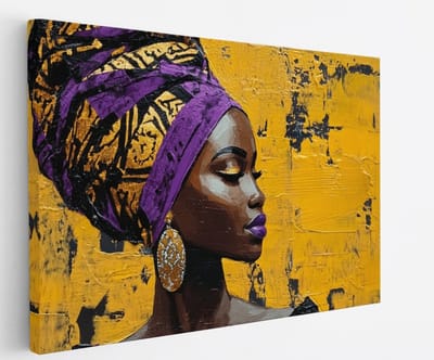 Saammp - Canvas Schilderij - Afrikaanse vrouw met paarse tulband - Abstract - 30x20 - Foto op canvas - Wanddecoratie - Muurdecoratie Woonkamer - Slaapkamer decoratie - Canvas Print