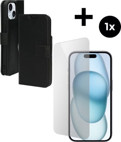 Mobiparts Classic Wallet hoesje geschikt voor Apple iPhone 15 met 1 Screenprotector van Gehard Glas - Zwart