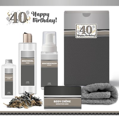 Geschenkset “40 Jaar Happy Birthday!” - 5 producten - 920 gram | Giftset voor hem - Luxe wellness cadeaubox - Cadeau man - Gefeliciteerd - Set Verjaardag - Geschenk jarige - Cadeaupakket vader - Vriend - Broer - Verjaardagscadeau - Zilver